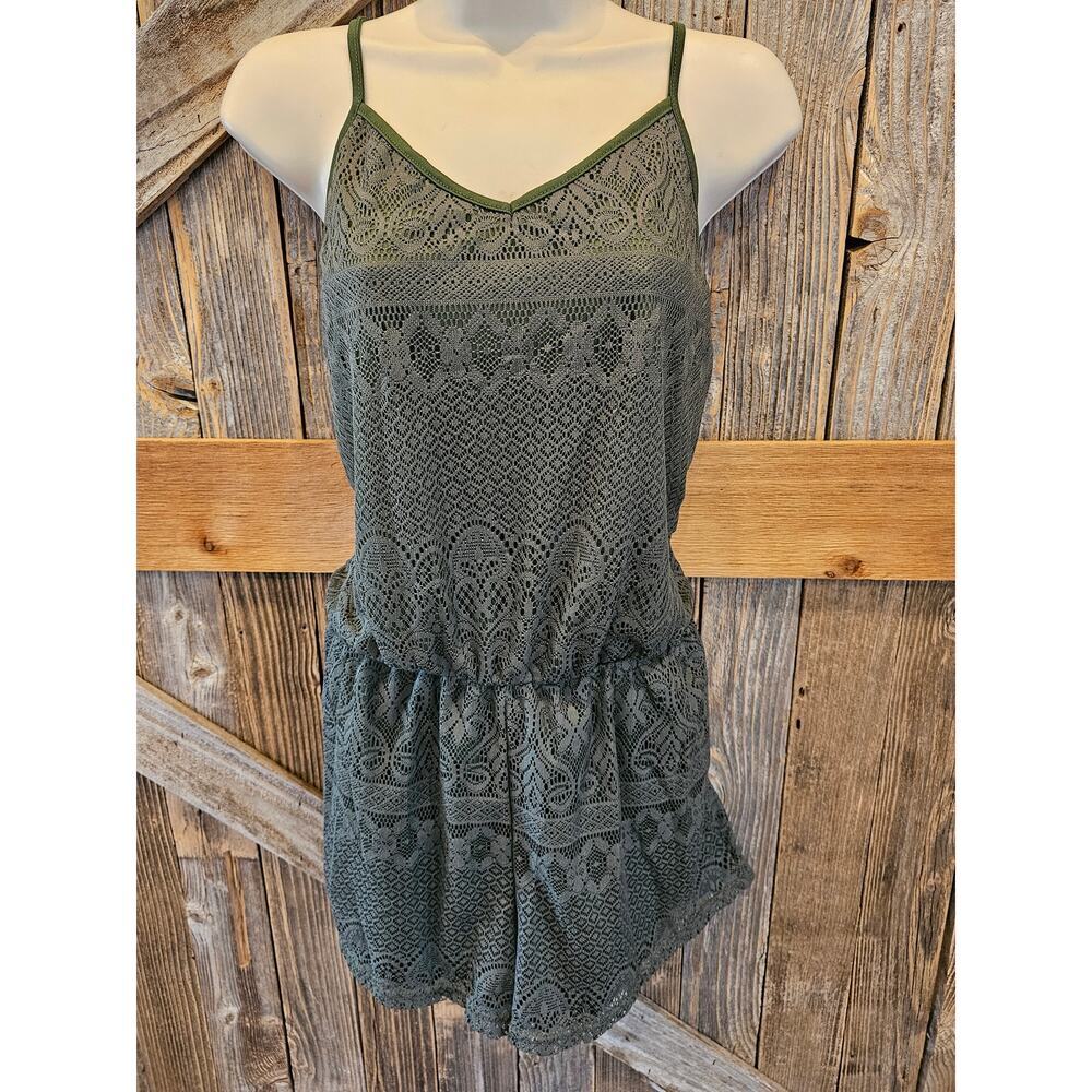 Bobbie Brooks size L large green lace lined short romper summer whimsigoth EUC